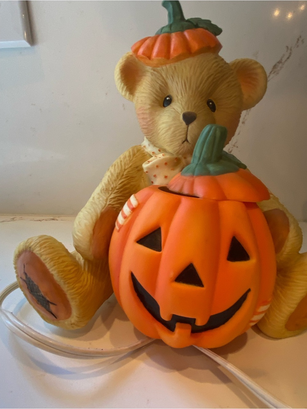 Vintage Halloween Bear Pumpkin Nightlight By Enesco 1994 Works 8” - Picture 9 of 12